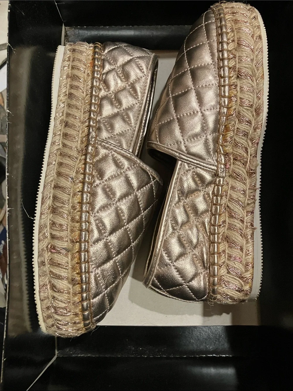 Quilted Metallic Espadrille Slip-Ons in Rose Gold